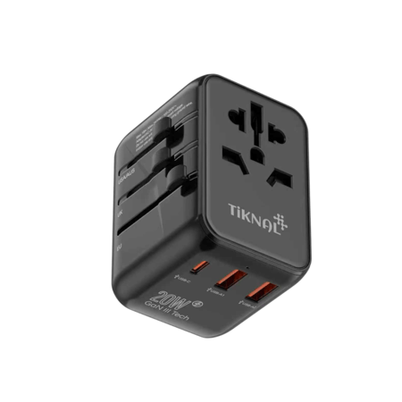 شاحن دولي عالمي تكنل GaN بقدرة 20W – 3 مخارج USB ومنفذ تايب سي سريع – متوافق مع 180 دولة
