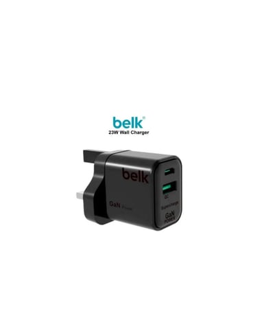 شاحن حائطي جداري من Belk بقوة 23 واط للشحن السريع PD، مع منفذي USB ومنفذ Type-C ، اللون أسود