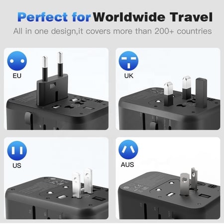 شاحن دولي عالمي تكنل GaN بقدرة 20W – 3 مخارج USB ومنفذ تايب سي سريع – متوافق مع 180 دولة