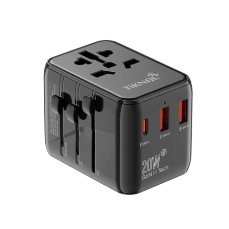 شاحن دولي عالمي تكنل GaN بقدرة 20W – 3 مخارج USB ومنفذ تايب سي سريع – متوافق مع 180 دولة