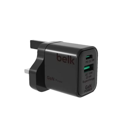 شاحن حائطي جداري من Belk بقوة 23 واط للشحن السريع PD، مع منفذي USB ومنفذ Type-C ، اللون أسود