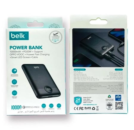 بطارية متنقلة باور بنك من belk بمنفذين USB ومنفذ تايب سي بسعة 10000mAh بمقياس شاشة 10000