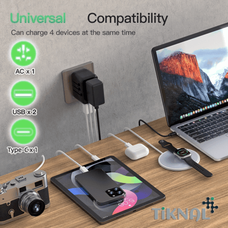 شاحن دولي عالمي تكنل GaN بقدرة 20W – 3 مخارج USB ومنفذ تايب سي سريع – متوافق مع 180 دولة