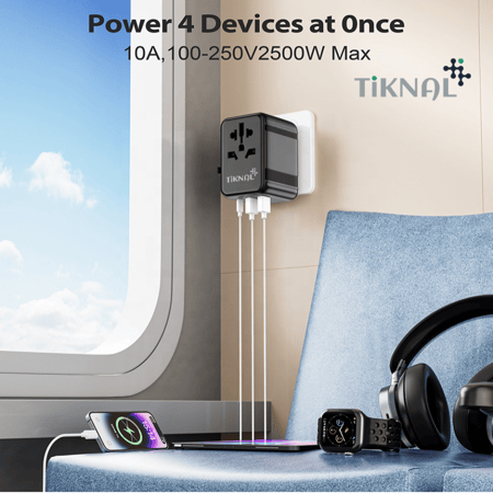 شاحن دولي عالمي تكنل GaN بقدرة 20W – 3 مخارج USB ومنفذ تايب سي سريع – متوافق مع 180 دولة