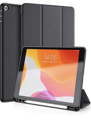 جراب ايباد | سلسلة Domo الجديد | لجهاز iPad 7 10.2 (مع حامل أقلام رصاص من Apple وإيقاظ تلقائي للنوم) ، حامل قابل للطي للأعمال الشاقة مع واقي شاشة مدمج جراب واقٍ مقاوم للصدمات لكامل الجسم (أسود