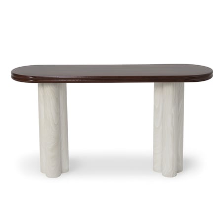 كونسول أنيق بسطح خشبي داكن وقواعد أسطوانية فاتحة بتصميم عصري بسيط.