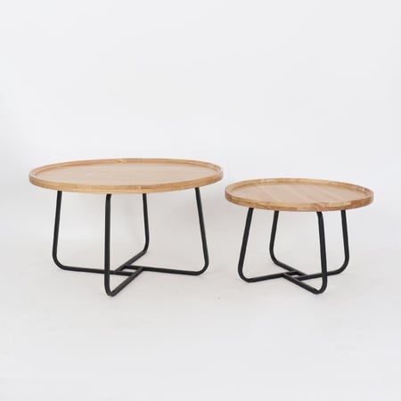 طقم طاولات قهوة وسط خشب فاتح - قواعد معدنية
