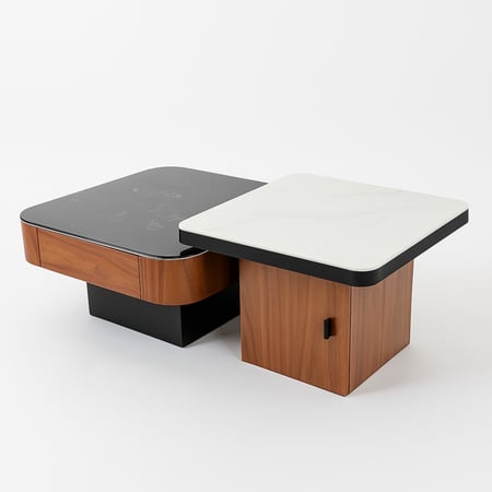 طقم طاولات عصري يجمع بين سطح سيراميك أبيض وأسود مع قاعدة خشبية أنيقة.