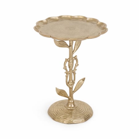 طاولة جانبية فنية بتصميم فاخر مستوحى من الطبيعة، بلمسة ذهبية ونقوش أوراق أنيقة تضيف طابعًا ديكوريًا راقيًا وفخامة مميزة لأي مساحة