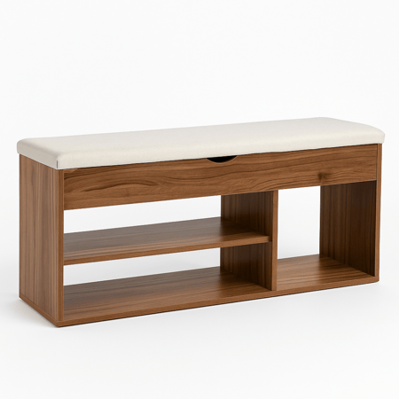 مقعد خشبي أنيق بوسادة مريحة ورفوف تخزين عملية.