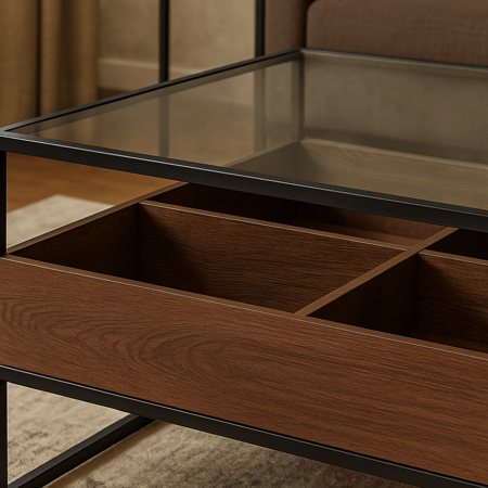 طاولة قهوة وسط كوفي – سطح زجاج ودرج مقسّم