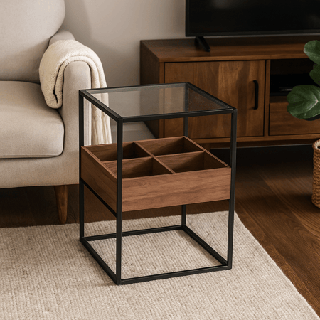 طاولة جانبية - سطح زجاجي - صندوق خشب - قواعد معدن