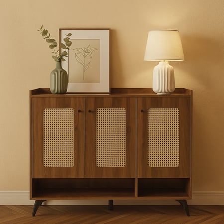 خزانة أحذية خشب – واجهات رتان ورف مفتوح