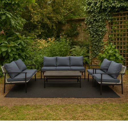 طقم جلسة خارجية عصري 7 اشخاص بتصميم معدني متين مع وسائد رمادية مريحة وطاولة وسط أنيقة، مناسب للحدائق والشرفات.