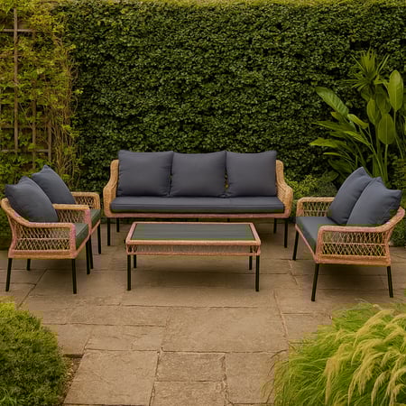 طقم جلسة خارجية أنيق 7 اشخاص بتصميم خيزران مميز مع مقاعد مريحة بوسائد رمادية وطاولة وسط عملية، مثالي للحديقة أو البلكونة.