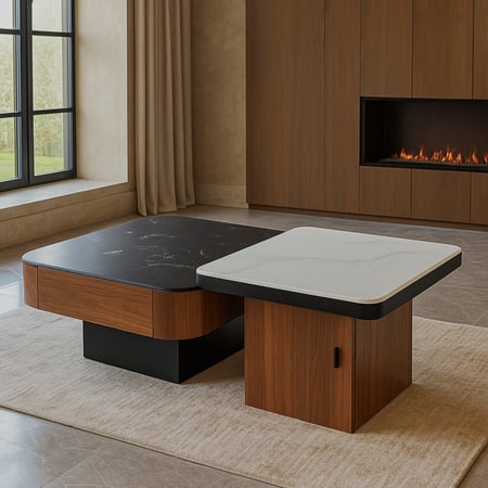 طقم طاولات عصري يجمع بين سطح سيراميك أبيض وأسود مع قاعدة خشبية أنيقة.