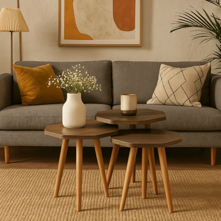 طقم طاولات خدمة خشب - سطح بني داكن - قواعد فاتحة