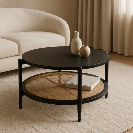 طاولة قهوة خشبية أنيقة مع لمسات رتان - أسود
