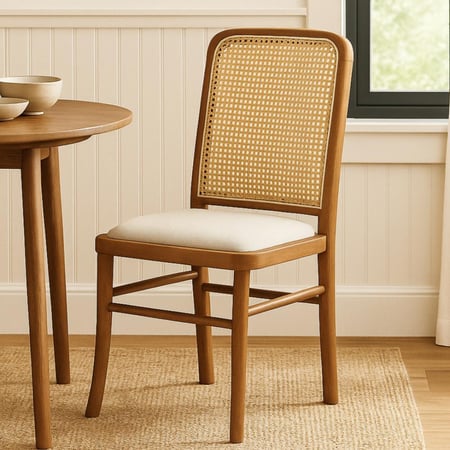 كرسي خشبي بتصميم كلاسيكي وظهر من القش، يضفي لمسة دافئة وطابع طبيعي لأي مساحة.