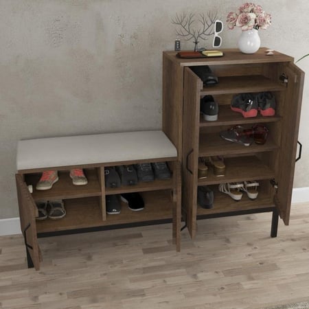 خزانة أحذية خشب - قطعتين - وسادة مقعد