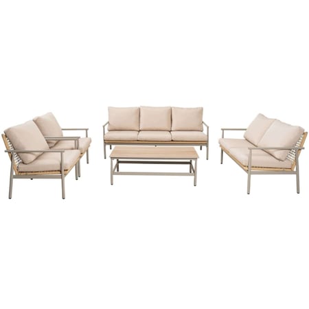 طقم جلسة خارجية أنيق 7 اشخاص بتصميم مع وسائد بيج مريحة وطاولة وسط متناسقة، مثالي للحدائق والشرفات بأجواء راقية ومريحة.