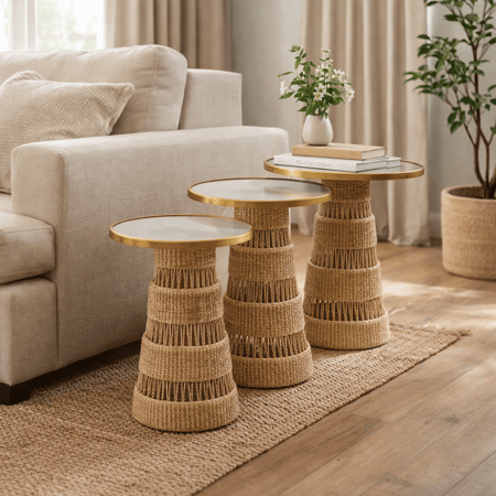 طقم طاولات جانبية بتصميم مميز يجمع بين سطح زجاجي أنيق وقاعدة منسوجة طبيعية