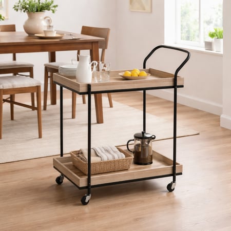 عربة تقديم بتصميم عصري يجمع بين الخشب الدافئ والهيكل المعدني الأسود