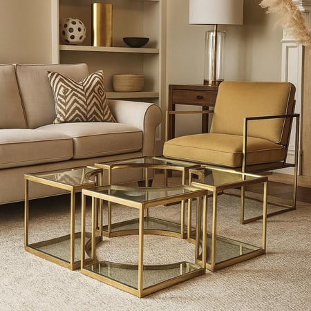 طقم طاولات خدمة - استيل ذهبي بأسطح زجاجية