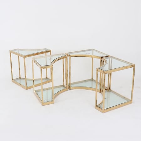 طقم طاولات خدمة - استيل ذهبي بأسطح زجاجية