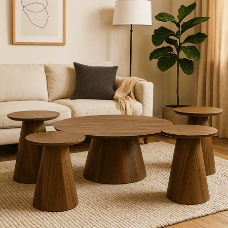 طقم طاولات خشبي بتصميم مخروطي أنيق، يوفر لمسة دافئة وعصرية لأي مساحة جلوس.