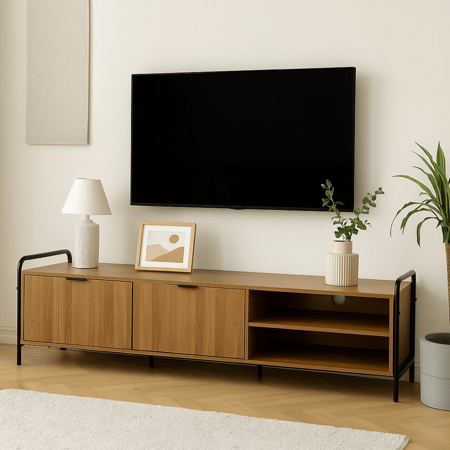 طاولة تلفزيون بتصميم عصري من الخشب والمعدن تجمع بين الأناقة والعملية.