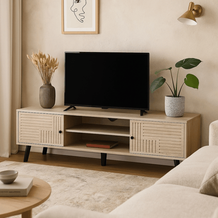 طاولة تلفزيون بتصميم خشبي عصري بلون فاتح مع رفوف وأبواب تخزين عملية
