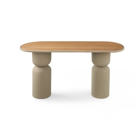 كونسول أنيق بسطح خشبي وقاعدة بيضاء عصرية