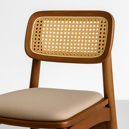 كرسي خشبي بظهر من القش الطبيعي ومقعد مبطن بلون بيج، يجمع بين الطابع الكلاسيكي والراحة العصرية.