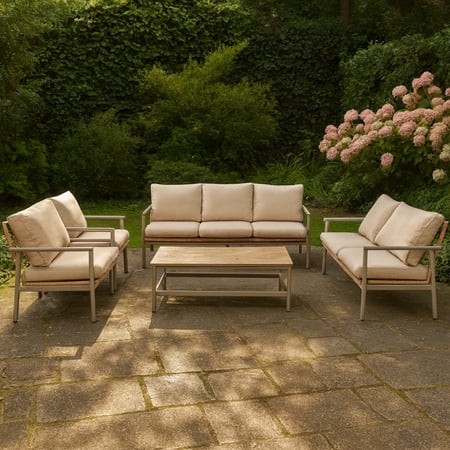 طقم جلسة خارجية أنيق 7 اشخاص بتصميم مع وسائد بيج مريحة وطاولة وسط متناسقة، مثالي للحدائق والشرفات بأجواء راقية ومريحة.