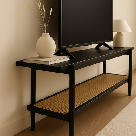 طاولة تلفزيون فورج بتصميم عصري – أسود 160 سم مع رف سفلي من القش