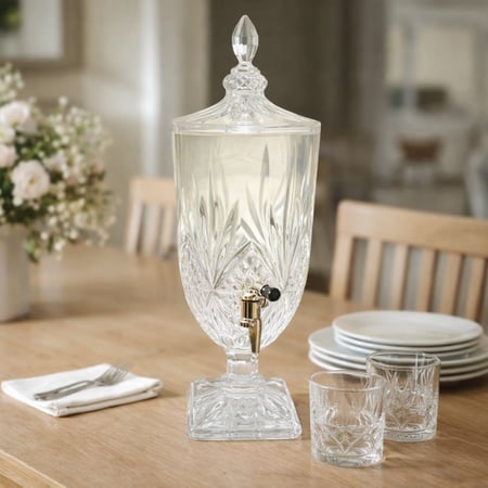 حامل مشروبات زجاجي كريستالي شفاف، بسعة 5 لتر، مع صنبور تقديم عملي وتصميم كلاسيكي فاخر يناسب الضيافة والمناسبات.