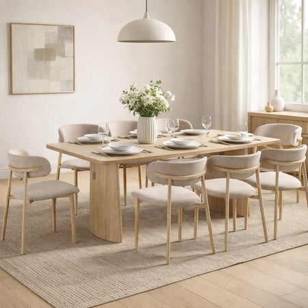 طاولة طعام أنيقة ، بسطح خشبي دافئ وتصميم بسيط راقٍ، مثالية للعائلات والضيافة