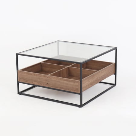 طاولة قهوة وسط بني – سطح زجاج وخانات داخلية