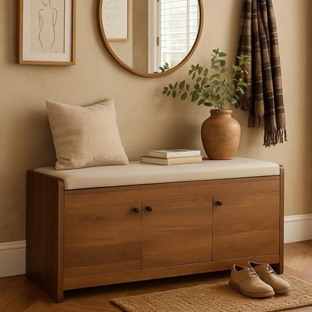 مقعد تخزين عملي بتصميم أنيق، يجمع بين الراحة والتنظيم بثلاث أبواب ومسند علوي مبطن.