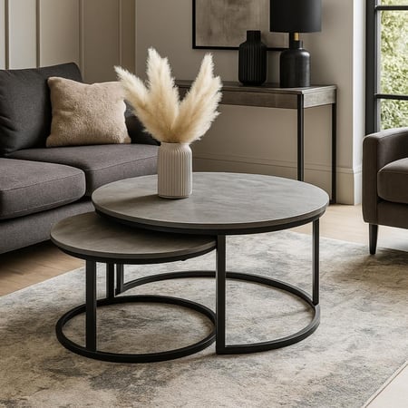 طقم طاولات خدمة أوربت - سطح دائري رمادي - قواعد معدن