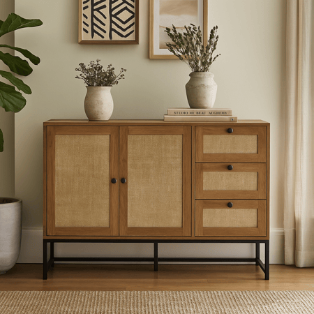 كونسول خشبي بتصميم عصري وأدراج متعددة، مثالي للتخزين ولمسة ديكور طبيعية.