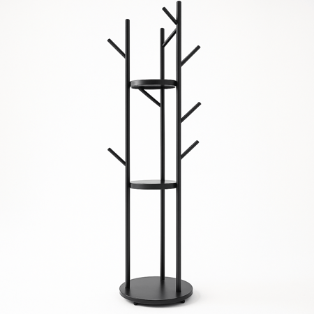 علاقة ملابس أرضية بتصميم أنيق وعصري، مزودة بخطافات متعددة لترتيب المعاطف، الحقائب والإكسسوارات بسهولة وتنظيم.