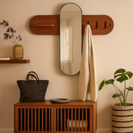 مرآة جدارية عصرية مع رف وعلّاقات تضيف تنظيمًا وأناقة للمكان.