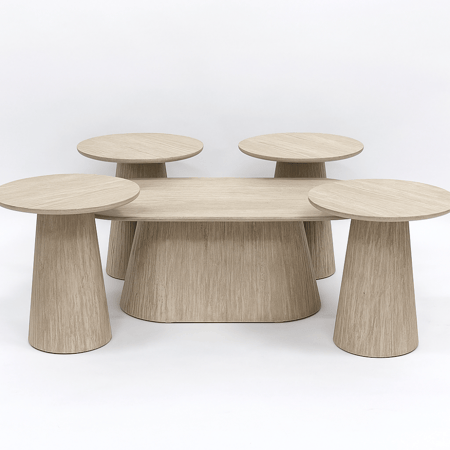 طقم طاولات خشبية أنيقة بتصميم عصري وانسيابي يضيف لمسة دافئة لأي مساحة.