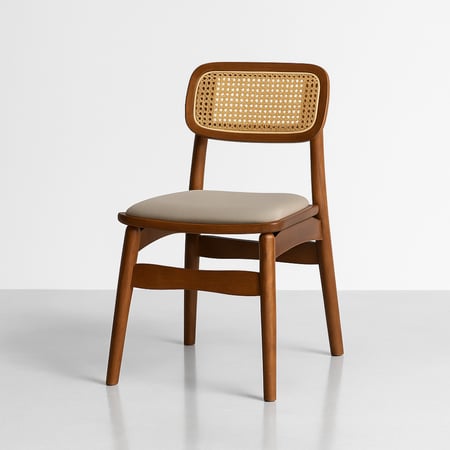 كرسي خشبي بظهر من القش الطبيعي ومقعد مبطن بلون بيج، يجمع بين الطابع الكلاسيكي والراحة العصرية.