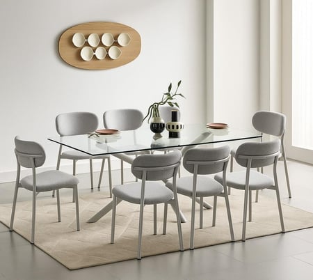 طقم طاولة طعام 1+8 زجاجية بتصميم عصري أنيق مع كراسي مبطنة بلون فاتح