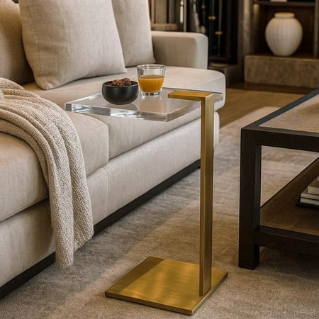 طاولة جانبية عصرية بسطح اكريلك وقاعدة ذهبية أنيقة تضيف لمسة فخامة للمكان.