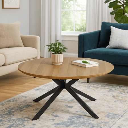 طاولة دائرية أنيقة بسطح خشبي وقاعدة معدنية عصرية.
