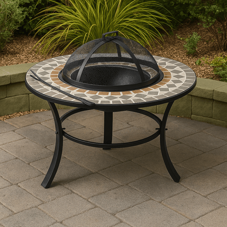 مدفأة خارجية بسطح فسيفسائي وشبكة أمان للجلسات الخارجية.